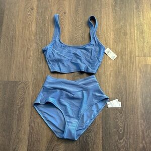aerie Ribbed Scoop Bandeau Bikini Set in Blue